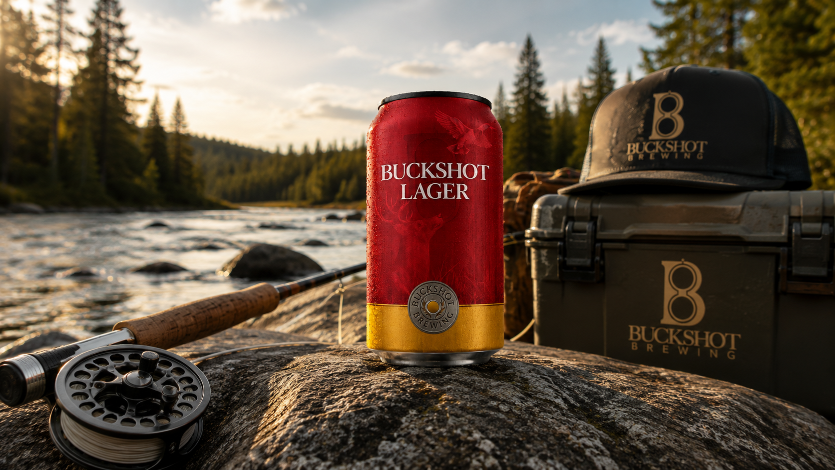 Buckshot Lager concept scene with fishing gear by the water